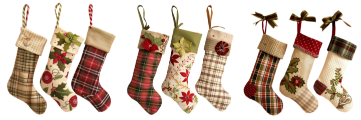 collection of festive Christmas stocking socks ornaments isolated on transparent background