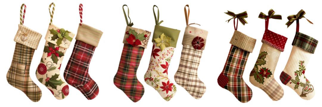collection of festive Christmas stocking socks ornaments isolated on transparent background - Powered by Adobe