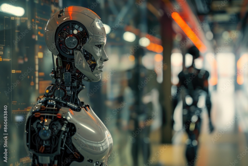 Poster a robot stands in front of a transparent glass wall, possibly in a lab or exhibition space
