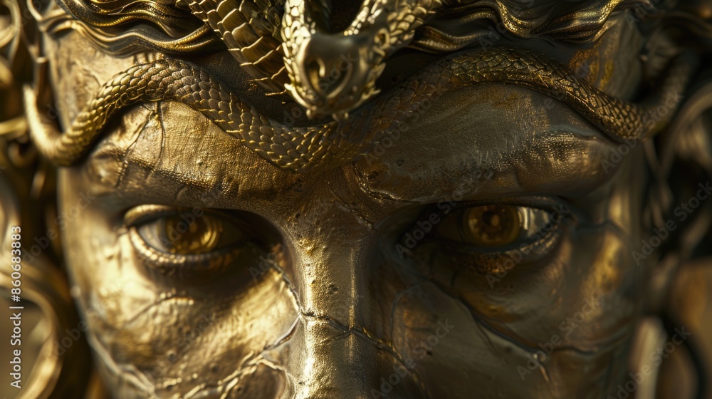 Poster A close-up shot of a statue featuring a man with a snake coiled around his head