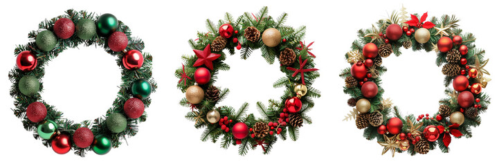 collection of decorative christmas wreath ornaments isolated on transparent background