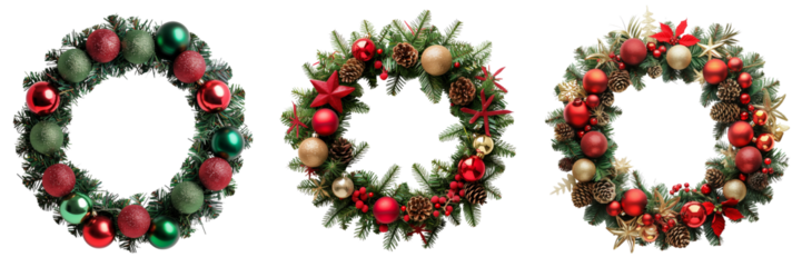 collection of decorative christmas wreath ornaments isolated on transparent background