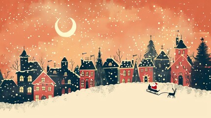 Fototapeta premium A winter wonderland of a small town with a sleigh being pulled by two reindeers with a man in a red suit waving. The moon is in the orange sky and the snow is falling.