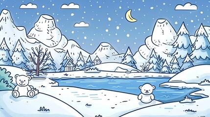 Naklejka premium A winter wonderland of snow-capped mountains, a frozen lake, and cute polar bears.