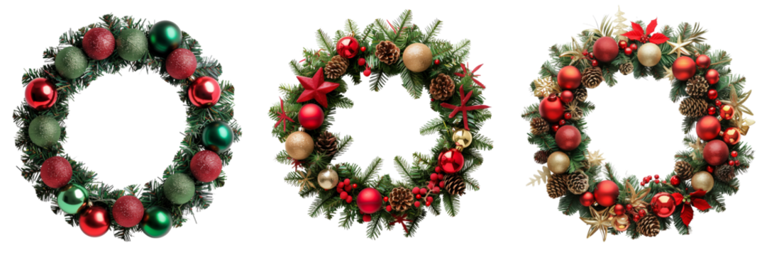 collection of decorative christmas wreath ornaments isolated on transparent background