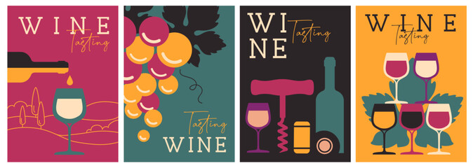 Set of modern magazine covers or posters with wine bottles and glasses. Restaurant menu design. Vector illustration