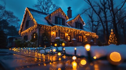Fototapeta premium Festive christmas lights adorn home