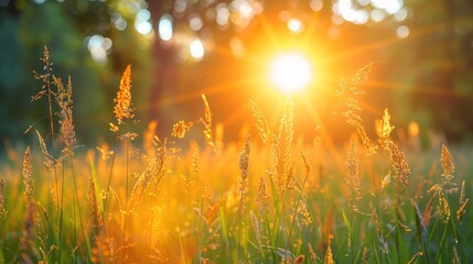 Summer sunset over grass blades