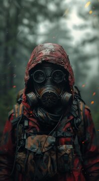 man gas mask red jacket woods arcane apocalyptic environment full body portrait ranger wear hiking clothes details virus juggernaut