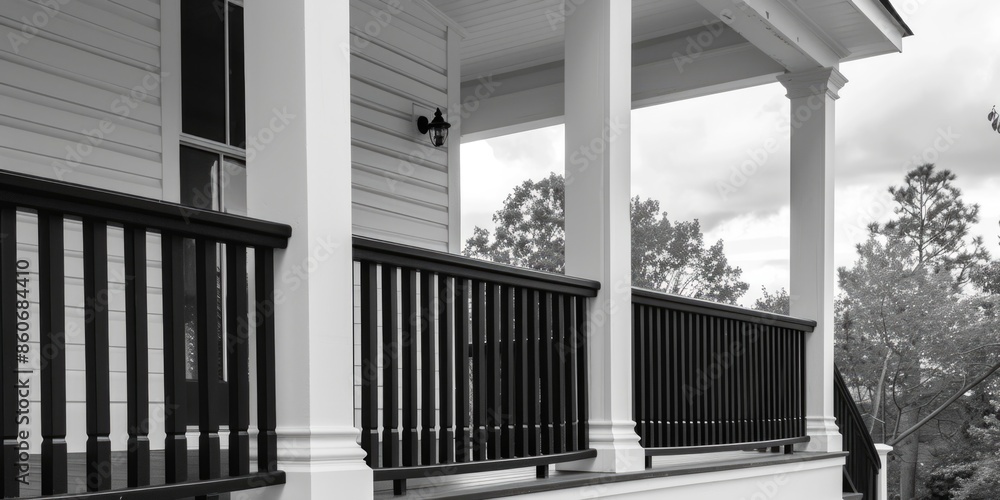 Poster a classic porch design photographed in monochrome tones, ideal for use as a background or to represe