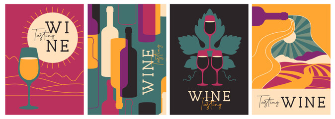 Set of modern magazine covers or posters with wine bottles and glasses. Restaurant menu design. Vector illustration