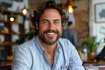 Fototapeta premium Smiling Man With Wavy Brown Hair In Blue Shirt In Indoor Setting