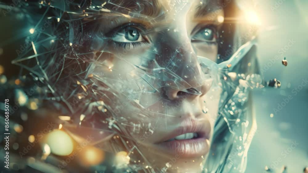 Poster a womans face is adorned with intricate lines and dots, creating a striking visual effect, conveying