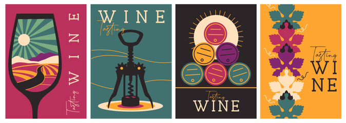 Set of modern magazine covers or posters with wine glass, corkscrew and barrels. Restaurant menu design. Vector illustration © annbozhko