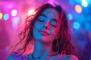 Obraz premium Blissful young woman dancing to music on smartphone