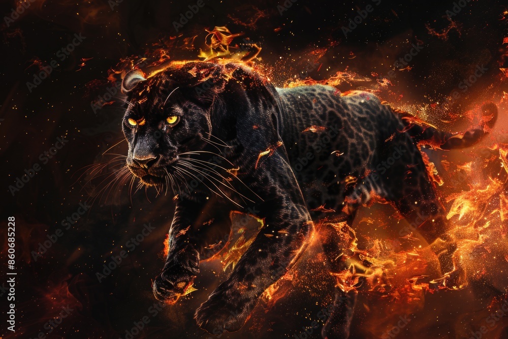 Poster Wildlife image of leopard in motion through dark flames, suitable for use in nature or conservation contexts