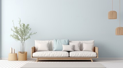 Japandi minimalist living room with frame mockup in white and blue tones. sofa, rattan furniture, and wallpaper. design of a farmhouse interior.