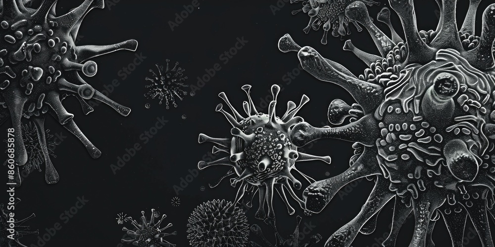 Poster A black and white image of a group of viruses, showing their structure and arrangement