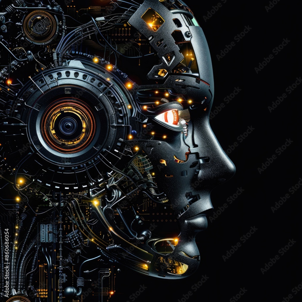Poster a robot head with a glowing face and electronic details