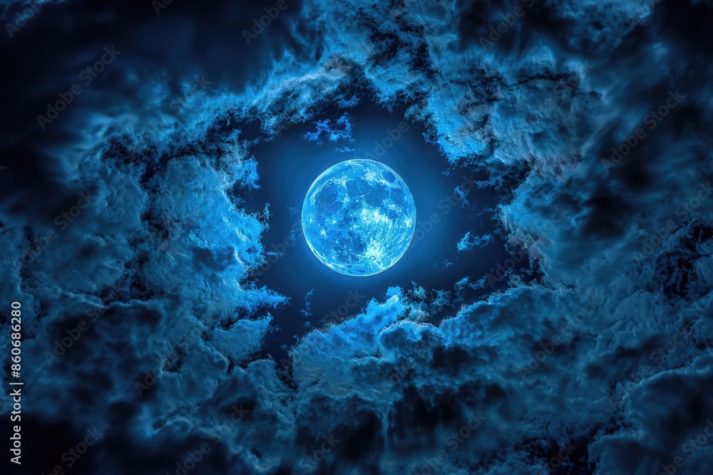 Poster a picture of a full moon shining through cloudy layers in the night sky