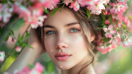 Naklejka premium Woman surrounded by pink blossoms