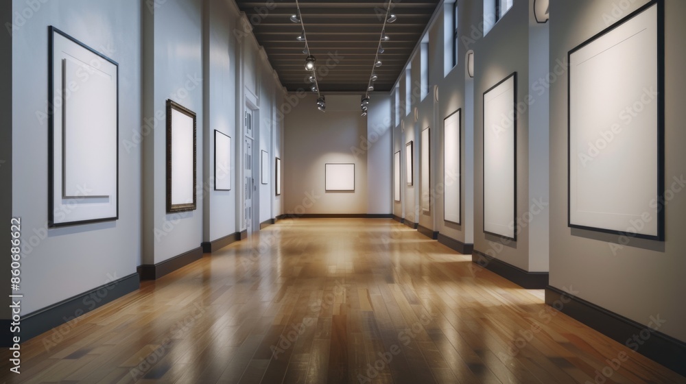 Poster A long hallway with empty frames on the walls