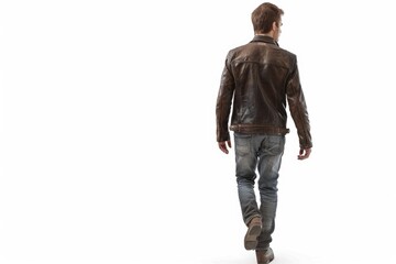 Naklejka premium A person in a leather jacket is walking towards the camera, with a casual and confident stride