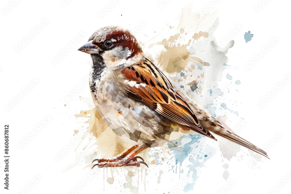 Poster a watercolor painting of a bird on a white background, suitable for use in various designs and illus