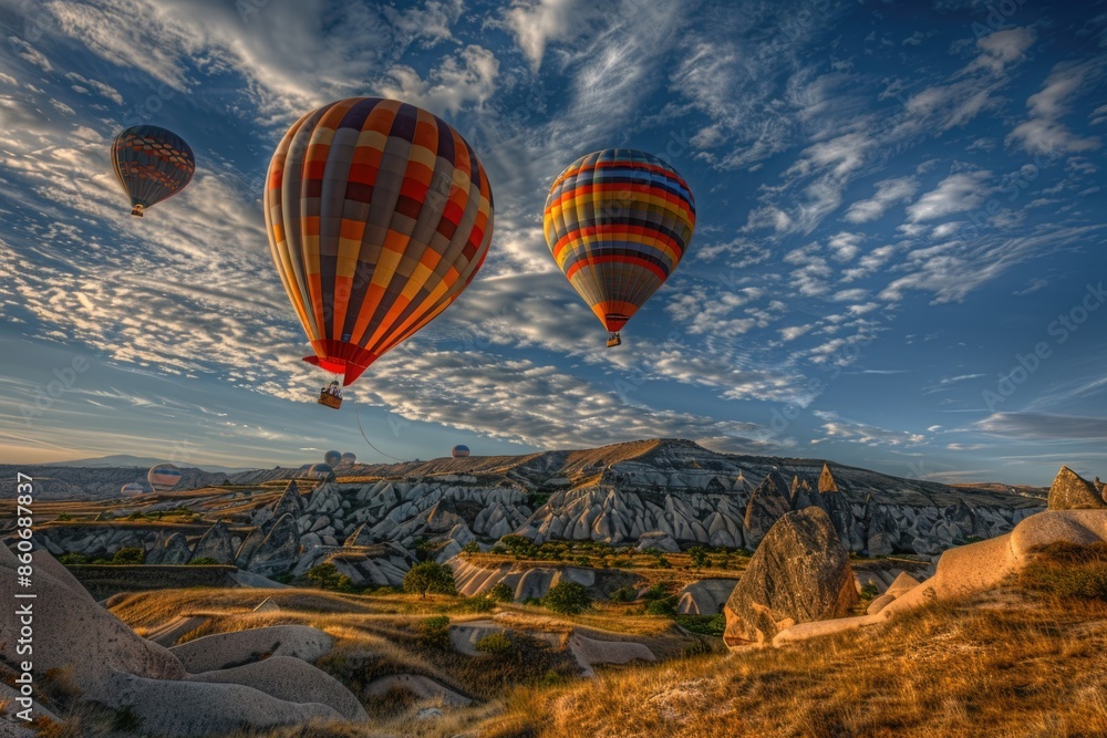 Poster Group of hot air balloons flying over a valley landscape, serene and peaceful scene