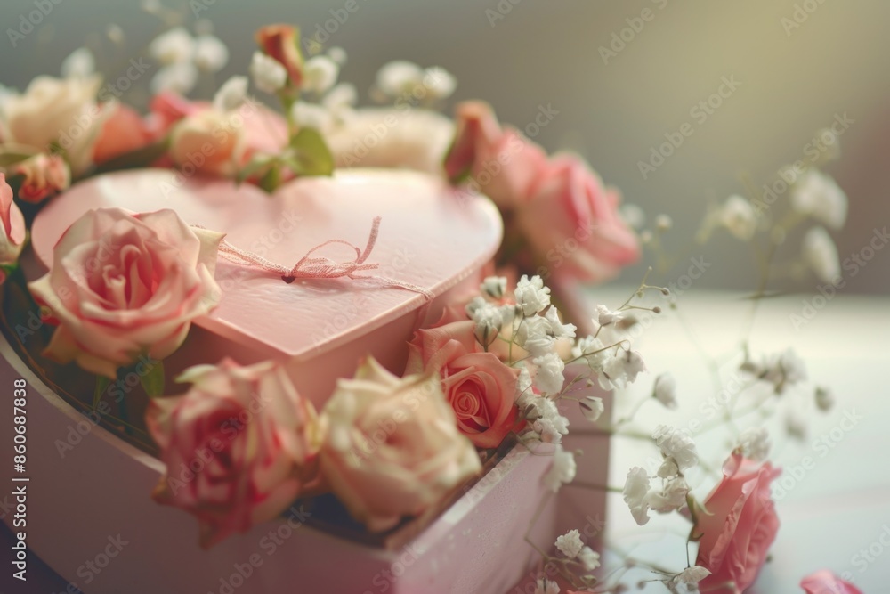 Sticker A pink heart shaped box filled with colorful flowers, perfect for romantic occasions or as a gift