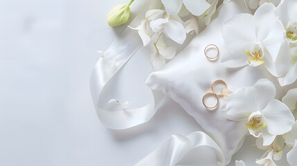 top view white orchid and wedding ring pillow on white textured background gold rings on a ribbon soft focus flat lay  copy space : Generative AI