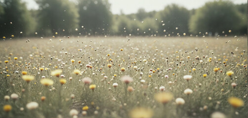 Pollen grains and pollen particles, which can trigger allergies, are transported by wind through the air in a meadow in spring