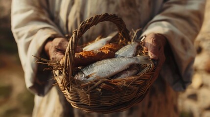 A person holds a basket filled with fresh fish, great for food, cooking or fishing theme images