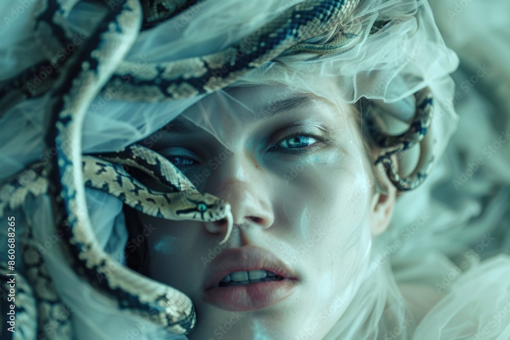 Poster a woman with a snake wrapped around her head, suitable for use in editorial or educational contexts