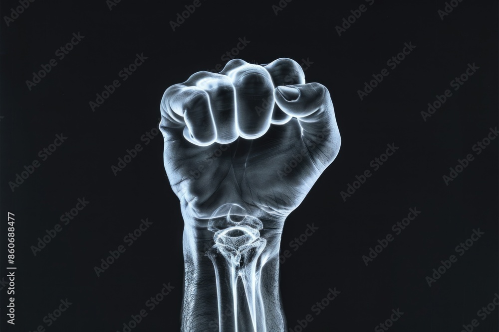 Poster a close-up of a man's hand with a glowing fist, suitable for futuristic or sci-fi themed projects