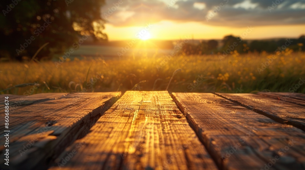 Poster a wooden table with the warm glow of a setting sun in the background, great for outdoor or rustic th