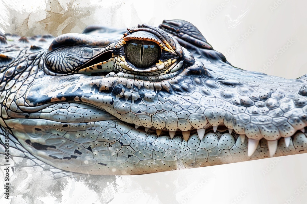 Poster a close-up view of an alligator's eye on a white background