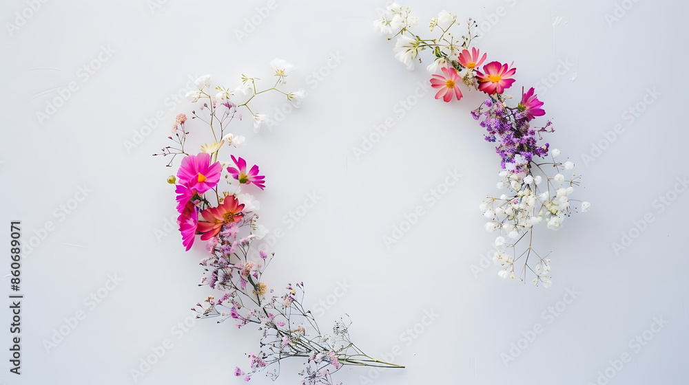 Poster small multicolored flowers with babys breath arranged in a circle shape of the wreath  flat lay top view copy space special focus close up : Generative AI