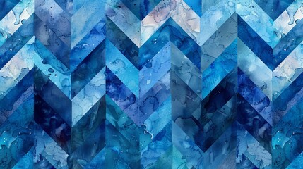 Abstract watercolor chevron pattern in blue hues