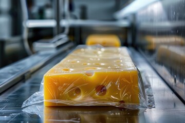 A piece of cheese wrapped in plastic packaging