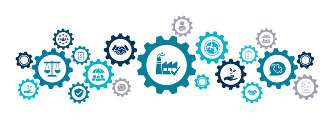 CSR / ISO vector illustration. Concept with icons related to corporate social responsibility, corporate self regulation or corporate conscience, ethics or values, company policy & standards.