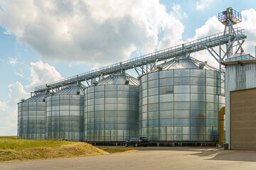 Obraz premium silver silos on agro manufacturing plant for processing drying cleaning and storage of agricultural products, flour, cereals and grain. Large iron barrels of grain. Granary elevator