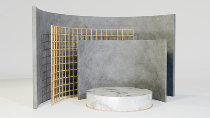 Elegant 3D round white marble pedestal with subtle wood. In background rouded concrete wall and wood grid.