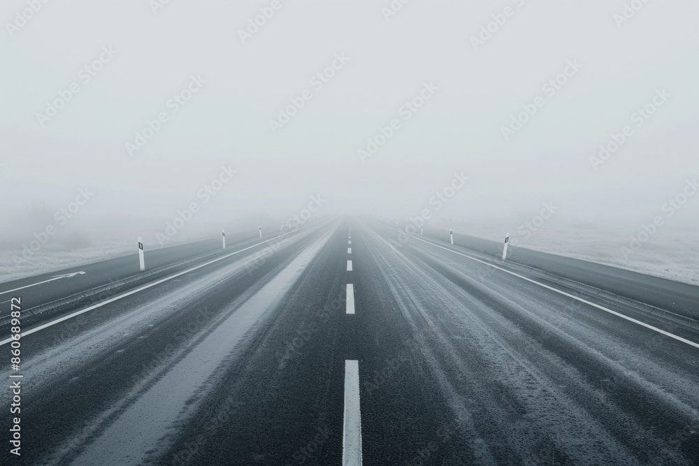 Poster aerial view of a long road with occasional white signs, suitable for use in navigation or travel the
