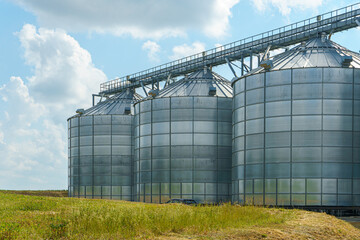 silver silos on agro manufacturing plant for processing drying cleaning and storage of agricultural products, flour, cereals and grain. Large iron barrels of grain. Granary elevator