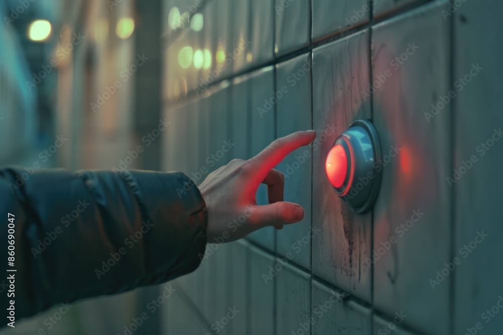Poster a person's hand presses a button on a concrete wall, possibly controlling access or security