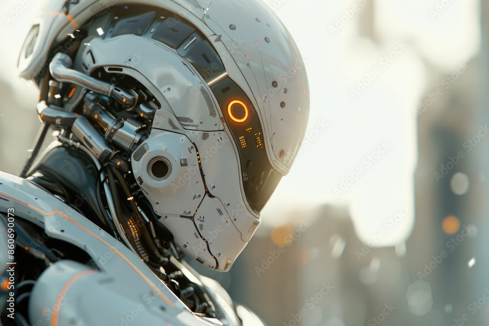Poster a robot's face with a city skyline in the background