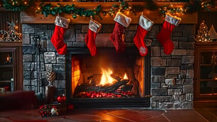 A cozy fireplace with stockings hanging above it, emitting a warm glow, Cozy fireplace with stockings hung and warm glow