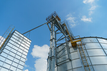 silver silos on agro manufacturing plant for processing drying cleaning and storage of agricultural products, flour, cereals and grain. Large iron barrels of grain. Granary elevator