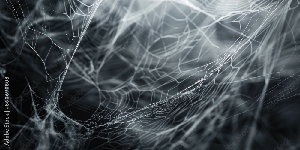 Poster a close-up shot of a intricate spider web in black and white